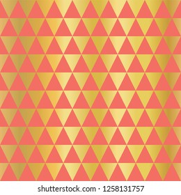 Gold foil triangle seamless vector background. Horizontal gold triangle shapes on coral pattern. Elegant simple, luxurious design for wallpaper, scrap booking, banner, wedding, party invite, birthday