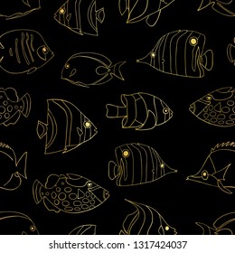 Gold foil Tropical fish on black seamless vector pattern. Swimming Butterflyfish, Clown Triggerfish, Damsel, Anemonefish, Angelfish, Clownfish background. Hand drawn marine underwater doodle backdrop