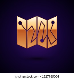 Gold Folded map with location marker icon isolated on dark blue background.  Vector Illustration