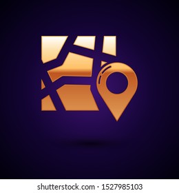 Gold Folded map with location marker icon isolated on dark blue background.  Vector Illustration