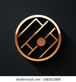 Gold Folded map with location marker icon isolated on black background. Long shadow style. Vector Illustration