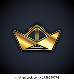 Gold Folded paper boat icon isolated on black background. Origami paper ship. Vector