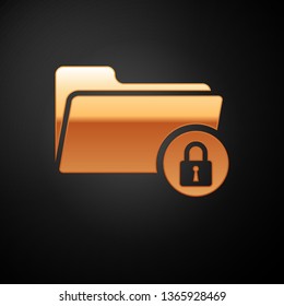 Gold Folder and lock icon isolated on black background. Closed folder and padlock. Security, safety, protection concept. Vector Illustration
