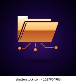 Gold Folder and lock icon isolated on dark blue background. Cyber defense. Security, safety, protection concept.  Vector Illustration
