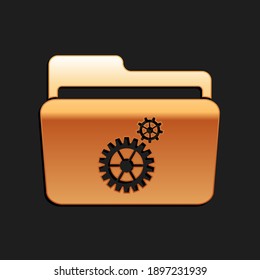Configuración de la carpeta dorada con el icono de los engranajes aislado en el fondo negro. Concepto de actualización de software, protocolo de transferencia, router, administración de herramientas de trabajo en equipo. Estilo de sombra larga. Vector.