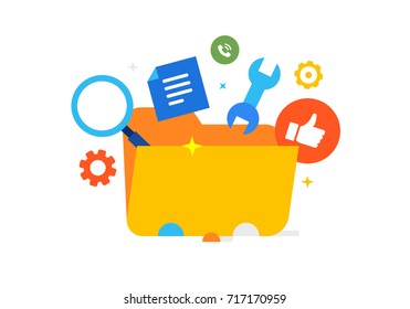 Gold folder with tools for work. Flat design illustration