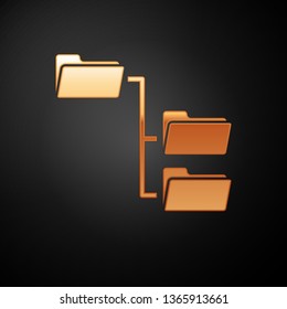 Gold Folder tree icon isolated on black background. Computer network file folder organization structure flowchart. Vector Illustration