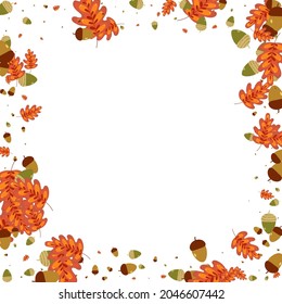 Gold Foliage Background White Vector. Oak Vibrant Frame. Red Leaf. Isolated Texture. Brown Leaves Backdrop.