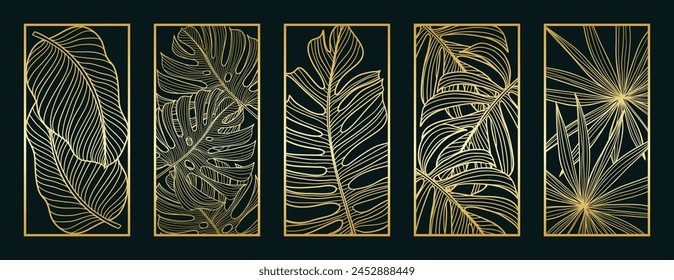 Gold foliage line art pattern vector collection. Laser cut with line design pattern. Design for wood carving, wall panel decor, metal cutting, wall arts, cover background, wallpaper and banner.