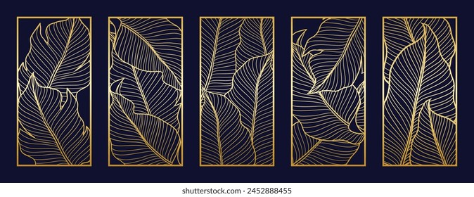 Gold foliage line art pattern vector collection. Laser cut with line design pattern. Design for wood carving, wall panel decor, metal cutting, wall arts, cover background, wallpaper and banner.