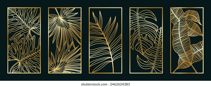 Gold foliage line art pattern vector collection. Laser cut with line design pattern. Design for wood carving, wall panel decor, metal cutting, wall arts, cover background, wallpaper and banner.