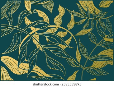 Vector de arte de línea de follaje de oro, hojas de oro de Vector botánico moderno, patrón de fondo de Fondo de pantalla art deco. Diseño de línea para diseño de interiores, textil, textura, cartel, paquete, envoltorios, regalos	
