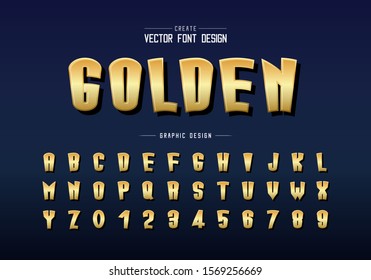Gold font and cartoon alphabet vector, Golden tall typeface letter and number design, Graphic text shadow on background