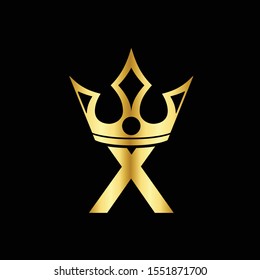 Gold Font Letter X Logo. The crown of the king and queen with the logo icon letter X. Initial Letter X Design Vector Luxury Golden