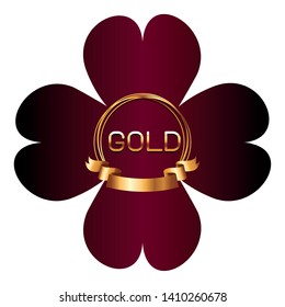gold font in round emblem frame with ribbon over flower over red flower