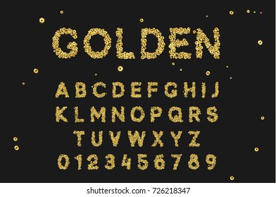 Gold Font set with letters from golden sequins. vector illustration