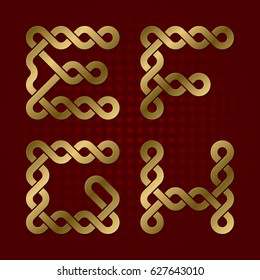 Gold font of twisted strips. E, F, G, H isolated golden letters.