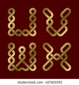 Gold font of twisted strips. U, V, W, X isolated golden letters.