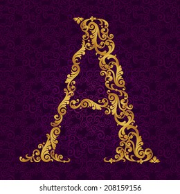 Gold font type letter A, uppercase. Vector baroque element of golden alphabet made from curls and floral motifs. Victorian ABC element in vector.