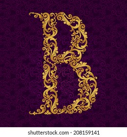 Gold font type letter B, uppercase. Vector baroque element of golden alphabet made from curls and floral motifs. Victorian ABC element in vector.