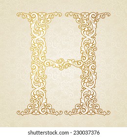 Gold font type letter H, uppercase. Vector baroque element of golden vintage alphabet made from curls and floral motifs. Victorian ABC element in vector.