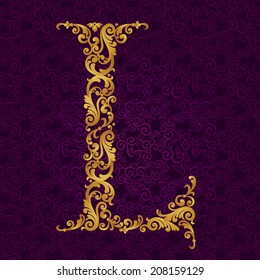 Gold font type letter L, uppercase. Vector baroque element of golden alphabet made from curls and floral motifs. Victorian ABC element in vector.