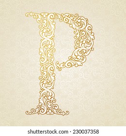 Gold font type letter P, uppercase. Vector baroque element of golden vintage alphabet made from curls and floral motifs. Victorian ABC element in vector.