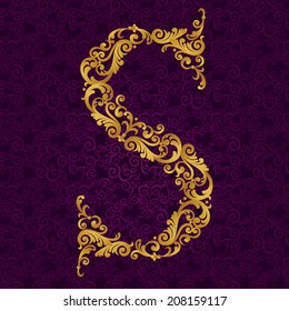 Gold font type letter S, uppercase. Vector baroque element of golden alphabet made from curls and floral motifs. Victorian ABC element in vector.
