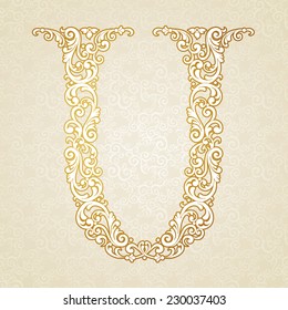 Gold font type letter U, uppercase. Vector baroque element of golden vintage alphabet made from curls and floral motifs. Victorian ABC element in vector.