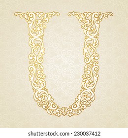 Gold font type letter U, uppercase. Vector baroque element of golden vintage alphabet made from curls and floral motifs. Victorian ABC element in vector.