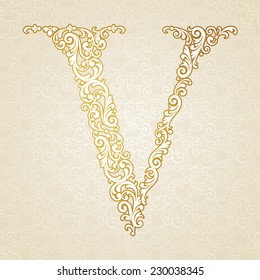 Gold font type letter V, uppercase. Vector baroque element of golden vintage alphabet made from curls and floral motifs. Victorian ABC element in vector.