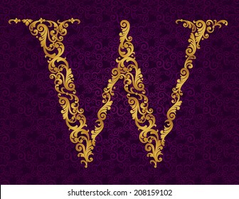 Gold font type letter W, uppercase. Vector baroque element of golden alphabet made from curls and floral motifs. Victorian ABC element in vector.