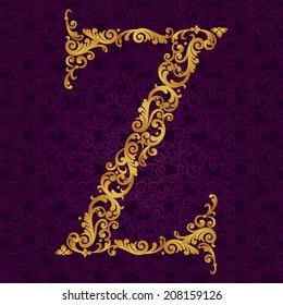 Gold font type letter Z, uppercase. Vector baroque element of golden alphabet made from curls and floral motifs. Victorian ABC element in vector.