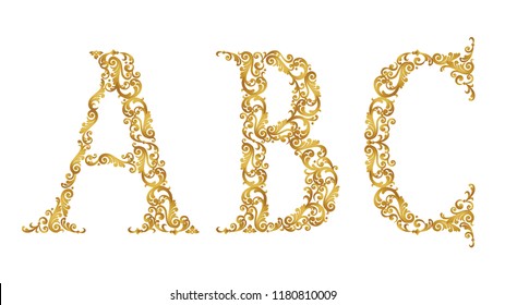 Gold font type letters A, B, C, uppercase. Vector baroque element of golden vintage alphabet made from curls and floral motifs. Isolated on white background. Victorian ABC element in vector.