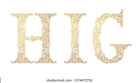 Gold font type letters H, I, G, uppercase. Vector baroque element of golden vintage alphabet made from curls and floral motifs. Isolated on white background. Victorian ABC element in vector.