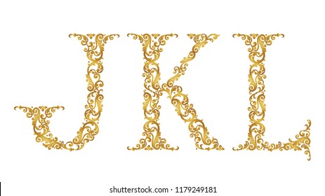 Gold font type letters J, K, L, uppercase. Vector baroque element of golden vintage alphabet made from curls and floral motifs. Isolated on white background. Victorian ABC element in vector.