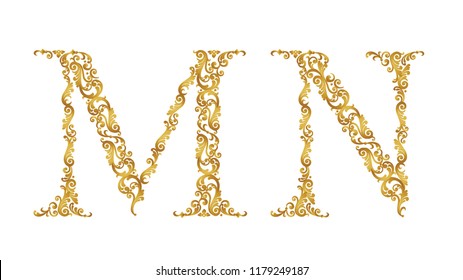 Gold font type letters M, N, uppercase. Vector baroque element of golden vintage alphabet made from curls and floral motifs. Isolated on white background. Victorian ABC element in vector.