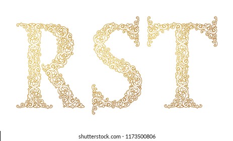 Gold font type letters R, S, T, uppercase. Vector baroque element of golden vintage alphabet made from curls and floral motifs. Isolated on white background. Victorian ABC element in vector.