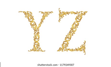 Gold font type letters Y, Z, uppercase. Vector baroque element of golden vintage alphabet made from curls and floral motifs. Isolated on white background. Victorian ABC element in vector.