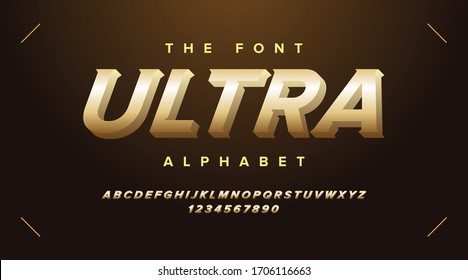 Gold fonts and alphabet, luxury expensive trendy sport modern minimal classic urban futuristic typeface typo typography and number, uppercase lowercase. Vector illustration.