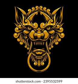 gold foo wolf chinese illustration and tshirt design
