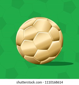 Gold Football Ball Realistic Isometric Icon in Front of Grass Illusion Blank Template - Golden on Green Soccer Ball Texture Background - Vector Gradient Graphic Design