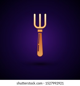Gold Fork icon isolated on dark blue background. Cutlery symbol.  Vector Illustration