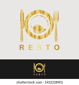 Gold fork and knife logo vector design for restaurant