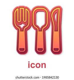 Gold Fork, spoon and knife icon isolated on white background. Cooking utensil. Cutlery sign.  Vector