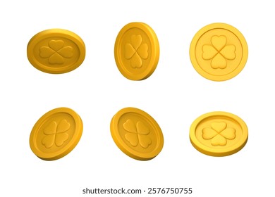 Gold fortune money set. Golden 3d coins with four-leaf clover in different angles. St. Patrick's Day design objects. 3D realistic style. Vector illustration isolated on a white background.