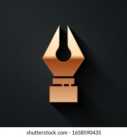 Gold Fountain pen nib icon isolated on black background. Pen tool sign. Long shadow style. Vector Illustration