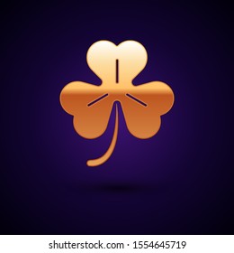 Gold Four leaf clover icon isolated on dark blue background. Happy Saint Patrick day.  Vector Illustration