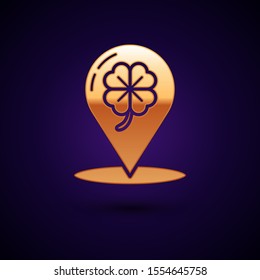 Gold Four leaf clover icon isolated on dark blue background. Happy Saint Patrick day.  Vector Illustration