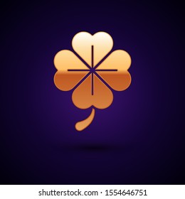 Gold Four leaf clover icon isolated on dark blue background. Happy Saint Patrick day.  Vector Illustration